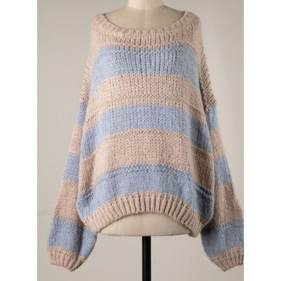 MIRACLE STRIPED ROUND NECK BUBBLE SLEEVE OVERSIZED CABLE KNIT SWEATER SZ M/L - Picture 2 of 9